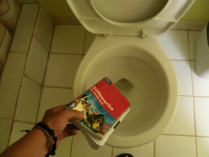 Und Tschüss! ach nee, kein Papier ins Klo werfen! muss das Drecksding doch erschossen und verbrannt werden!